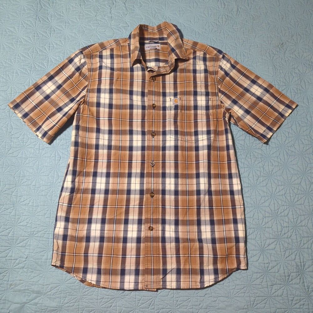 Carhartt Workwear Mens S Short Sleeve Plaid Button Up Shirt Relaxed Fit Brown